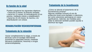 En función de la edad
Pueden aceptarse los siguientes objetivos:
• hacia los 6 meses: la posición sentada;
• hacia los 12 meses: la verticalización (si es
preciso, mediante ortesis y estabilizador);
• hacia los 15-18 meses: la marcha, o la
deambulación con ortesis
Vaciar completamente la vejiga, a través de
técnicas como el sondaje intermitente
Aumentar la capacidad vesical, mediante
fármacos (oxibutinina, hioscina) o cirugía
(enterocistoplastia)
REHABILITACIÓN VESICOESFINTERIANA
Tratamiento de la retención
Tratamiento de la incontinencia
¿Cómo se aborda el tratamiento de la
incontinencia urinaria?
Algunas medidas incluyen el uso de
protección local como pañales o colectores,
así como soluciones quirúrgicas en casos
significativos. Además, las medidas para
tratar la retención también pueden ayudar a
disminuir las fugas
 