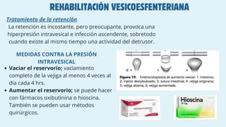 REHABILITACIÓN VESICOESFENTERIANA
Tratamiento de la retención
La retención es incostante, pero preocupante, provoca una
hiperpresión intravesical e infección ascendente, sobretodo
cuando existe al mismo tiempo una actividad del detrusor.
MEDIDAS CONTRA LA PRESIÓN
INTRAVESICAL
Vaciar el reservorio; vaciamiento
completo de la vejiga al menos 4 veces al
día cada 4 hrs.
Aumentar el reservorio; se puede hacer
con fármacos oxibutinina o hioscina.
También se pueden usar métodos
quirúrgicos.
 