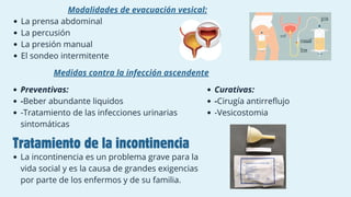 Modalidades de evacuación vesical:
La prensa abdominal
La percusión
La presión manual
El sondeo intermitente
Medidas contra la infección ascendente
Preventivas:
-Beber abundante liquidos
-Tratamiento de las infecciones urinarias
sintomáticas
Curativas:
-Cirugía antirreflujo
-Vesicostomia
Tratamiento de la incontinencia
La incontinencia es un problema grave para la
vida social y es la causa de grandes exigencias
por parte de los enfermos y de su familia.
 