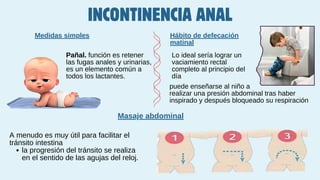 INCONTINENCIA ANAL
Pañal. función es retener
las fugas anales y urinarias,
es un elemento común a
todos los lactantes.
Hábito de defecación
matinal
Masaje abdominal
Medidas simples
Lo ideal sería lograr un
vaciamiento rectal
completo al principio del
día
puede enseñarse al niño a
realizar una presión abdominal tras haber
inspirado y después bloqueado su respiración
A menudo es muy útil para facilitar el
tránsito intestina
la progresión del tránsito se realiza
en el sentido de las agujas del reloj.
 