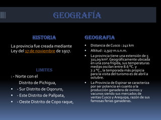 GEOGRAFÍA

           historia                 GEOGRAFIA
La provincia fue creada mediante       Distancia de Cusco : 241 km
Ley del 17 de noviembre de 1917.       Altitud : 2,927 m.s.n.m.
                                       La provincia tiene una extensión de 5
                                        311,09 km². Geográficamente ubicada
                                        en una zona frígida, sus temperaturas
                                        medias oscilan entre 8.6 °C. y
               limites                  7.2 °C., la temporada más propicia
                                        para la visita del turismo es de abril a
: - Norte con el                        octubre.
     Distrito de Pichigua,             La Provincia de Espinar se caracteriza
                                        por ser potencia en cuanto a la
 - Sur Distrito de Oqoruro,            producción ganadera de ovinos y
                                        vacunos siendo sus mercados de
 - Este Distrito de Pallpata,          ventas Cusco y Arequipa, razón de sus
 - Oeste Distrito de Copo raque,       famosas ferias ganaderas.
 