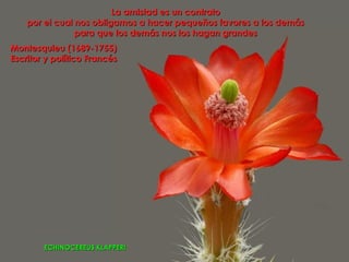 La amistad es un contrato
    por el cual nos obligamos a hacer pequeños favores a los demás
                para que los demás nos los hagan grandes
Montesquieu (1689-1755)
Escritor y político Francés




        ECHINOCEREUS KLAPPERI
 