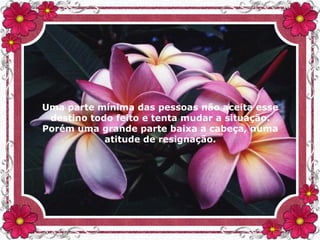 Uma parte mínima das pessoas não aceita esse
destino todo feito e tenta mudar a situação.
Porém uma grande parte baixa a cabeça, numa
atitude de resignação.
 