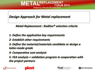REPLACEMENT
FORUM 2013METALMalpensa, 6th and 7th June 2013
Metal Replacement Typical Targets
 