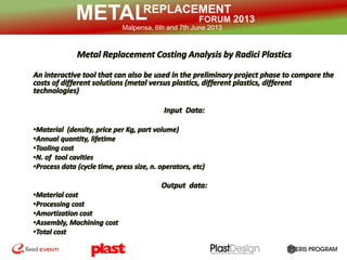 REPLACEMENT
FORUM 2013METALMalpensa, 6th and 7th June 2013
Metal Replacement Typical Targets
 