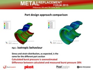 REPLACEMENT
FORUM 2013METALMalpensa, 6th and 7th June 2013
Metal Replacement Typical Targets
Part design approach comparison
Hp1 : isotropic behaviour
Stress and strain distribution, as expected, is the
same for the different part section
Calculated burst pressure is overestimated
Difference between calculated and measured burst pressure 20%
 