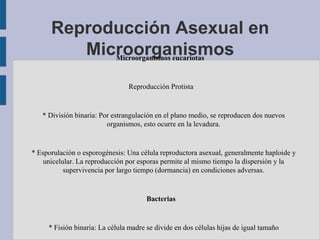 Reproducción Asexual en
         Microorganismos
            Microorganismos eucariotas


                                Reproducción Protista


   * División binaria: Por estrangulación en el plano medio, se reproducen dos nuevos
                         organismos, esto ocurre en la levadura.


* Esporulación o esporogénesis: Una célula reproductora asexual, generalmente haploide y
    unicelular. La reproducción por esporas permite al mismo tiempo la dispersión y la
           supervivencia por largo tiempo (dormancia) en condiciones adversas.


                                       Bacterias


     * Fisión binaria: La célula madre se divide en dos células hijas de igual tamaño
 