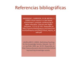 Referencias bibliográficas
ANDERSON.T., GARRISON, D.R.& ARCHER, V.
(2000) Critical inquiry in a text-based
environment: co...