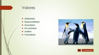Valores
 Solidaridad
 Responsabilidad
 Honestidad
 Pro actividad
 Lealtad
 Puntualidad
Contenido
 