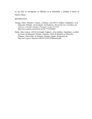 en una línea de investigación en Didáctica de la Matemática y justifique el interés de 
nuestro trabajo. 
REFERENCIAS: 
Arteaga, Pedro., Batanero, Carmen., Contreras, José (2011). Gráficos Estadísticos en la 
Educación Primaria y la Formación de Profesores. Red de Revistas Científicas de 
América, el Caribe, España y Portugal, 12, pp. 123-135. 
http://www.redalyc.org/articulo.oa?id=77122436005 
Danilo, Díaz Levicoy. (2014) Un Estudio Empírico de los Gráficos Estadísticos en Libro 
de Textos de Educación Primaria Española. (Tesis de Maestría en Educación 
Primaria) Universidad de Granada, Granada, España. Recuperado de 
http://www.ugr.es/~batanero/ARTICULOS/TFMDanilo.pdf 
