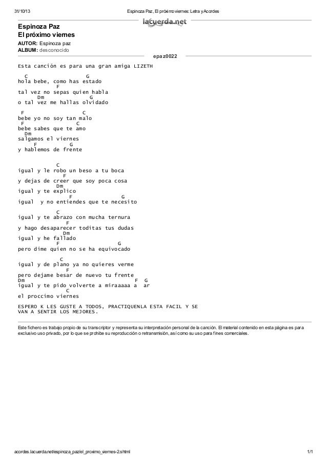 Espinoza paz, el próximo viernes letra y acordes Espinoza paz, el próximo viernes letra y acordes