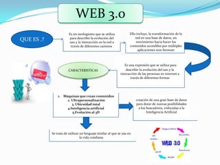WEB 3.0
                        Es un neologismo que se utiliza             Ello incluye, la transformación de la
                         para describir la evolución del                red en una base de datos, un
QUE ES .?               uso y la interacción en la red a                 movimiento hacia hacer los
                         través de diferentes caminos.              contenidos accesibles por múltiples
                                                                          aplicaciones non-browser



                                                                Es una expresión que se utiliza para
                        CARACTERISTICAS                          describir la evolución del uso y la
                                                             interacción de las personas en internet a
                                                                    través de diferentes formas




                1. Máquinas que crean contenidos
                     2. Ultrapersonalización                            creación de una gran base de datos
                        3. Ubicuidad total                              para dotar de nuevas posibilidades
                     4.Inteligencia artificial                            a los buscadores, enfocadas a la
                        5.Evolución al 3D                                       Inteligencia Artificial




            Se trata de utilizar un lenguaje similar al que se usa en
                                 la vida cotidiana
 