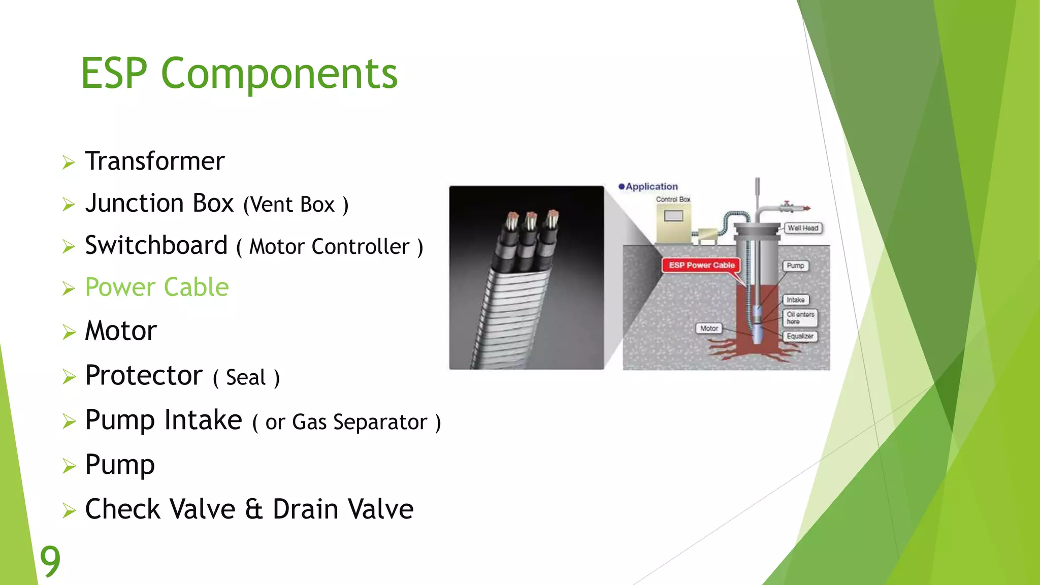 ESP Components
 Transformer
 Junction Box (Vent Box )
 Switchboard ( Motor Controller )
 Power Cable
 Motor
 Protector ( Seal )
 Pump Intake ( or Gas Separator )
 Pump
 Check Valve & Drain Valve
9
 