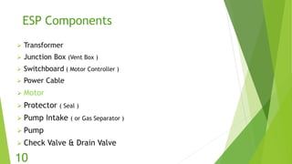 ESP Components
 Transformer
 Junction Box (Vent Box )
 Switchboard ( Motor Controller )
 Power Cable
 Motor
 Protector ( Seal )
 Pump Intake ( or Gas Separator )
 Pump
 Check Valve & Drain Valve
10
 