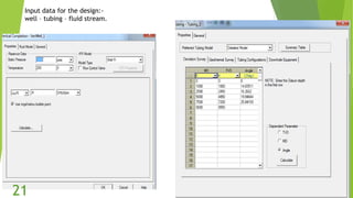 Input data for the design:-
well – tubing – fluid stream.
21
 