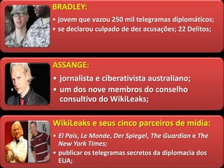 BRADLEY:
• jovem que vazou 250 mil telegramas diplomáticos;
• se declarou culpado de dez acusações; 22 Delitos;
ASSANGE:
• jornalista e ciberativista australiano;
• um dos nove membros do conselho
consultivo do WikiLeaks;
WikiLeaks e seus cinco parceiros de mídia:
• El País, Le Monde, Der Spiegel, The Guardian e The
New York Times;
• publicar os telegramas secretos da diplomacia dos
EUA;
 