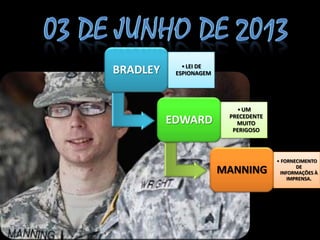 BRADLEY •LEI DE
ESPIONAGEM
EDWARD
•UM
PRECEDENTE
MUITO
PERIGOSO
MANNING
• FORNECIMENTO
DE
INFORMAÇÕES À
IMPRENSA.
 