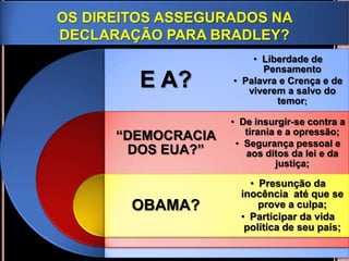 OS DIREITOS ASSEGURADOS NA
DECLARAÇÃO PARA BRADLEY?
E A?
“DEMOCRACIA
DOS EUA?”
OBAMA?
• Liberdade de
Pensamento
• Palavra e Crença e de
viverem a salvo do
temor;
• De insurgir-se contra a
tirania e a opressão;
• Segurança pessoal e
aos ditos da lei e da
justiça;
• Presunção da
inocência até que se
prove a culpa;
• Participar da vida
política de seu país;
 