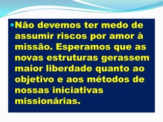 Não devemos ter medo de assumir riscos por amor à missão. Esperamos que as novas estruturas gerassem maior liberdade quanto ao objetivo e aos métodos de nossas iniciativas missionárias. 