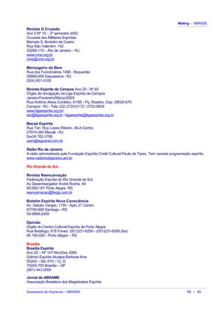 Mailing - ABRADE
Revista O Cruzado
Ano 5 Nº 10 – 2º semestre 2002
Cruzada dos Militares Espíritas
Marcelo S. Bortolini de Castro
Rua São Valentim, 142
20260-110 – Rio de Janeiro – RJ
www.cme.org.br
cme@cme.org.br
Mensageiro do Bem
Rua dos Funcionários 1490 - Boqueirão
28990-000 Saquarema - RJ
(024) 651-5100
Revista Espírita de Campos Ano 20 - Nº 65
Órgão de divulgação da Liga Espírita de Campos
Janeiro/Fevereiro/Março/2003
Rua Antônio Alves Cordeiro, 81/85 - Pq. Rosário, Cep: 28025-670
Campos - RJ - Tels.:(22) 2723-0172 / 2723-5629
www.ligaespirita.org.br/
rec@ligaespirita.org.br / ligaespirita@ligaespirita.org.br
Macaé Espírita
Rua Ten. Ruy Lopes Ribeiro, 36-A Centro
27910-340 Macaé - RJ
0xx24 762-3789
uem@lagosnet.com.br
Rádio Rio de Janeiro
A rádio administrada pela Fundação Espírita Cristã Cultural Paulo de Tarso. Tem variada programação espírita.
www.radioriodejaneiro.am.br
Rio Grande do Sul
Revista Reencarnação
Federação Espírita do Rio Grande do Sul
Av Desembargador André Rocha, 49
90.050-161 Porto Alegre RS
reencarnacao@fergs.com.br
Boletim Espírita Nova Consciência
Av. Getúlio Vargas, 1155 - Apto 21 Centro
97700-000 Santiago - RS
55-9969-2409
Opinião
Órgão do Centro Cultural Espírita de Porto Alegre
Rua Botafogo, 678 Fones: (051)231-6295 - (051)231-6295 (fax)
90.150-050 - Porto Alegre – RS
Brasília
Brasília Espírita
Ano 25 – Nº 107 Nov/Dez 2000
Grêmio Espírita Atualpa Barbosa lima
SGAS – Qd. 610 – Cj. D
70200-700 Brasília – DF
(061) 443-2000
Jornal da ABRAME
Associação Brasileira dos Magistrados Espírita
Assessoria de Imprensa – ABRADE 13 / 85
 