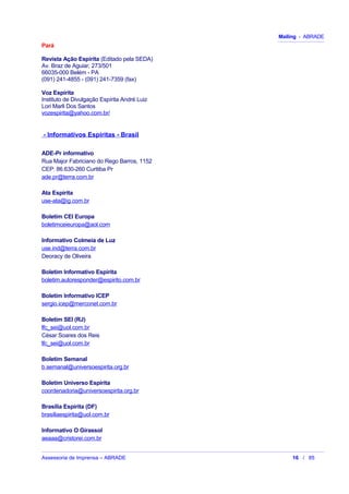 Mailing - ABRADE
Pará
Revista Ação Espírita (Editado pela SEDA)
Av. Braz de Aguiar, 273/501
66035-000 Belém - PA
(091) 241-4855 - (091) 241-7359 (fax)
Voz Espírita
Instituto de Divulgação Espírita André Luiz
Lori Marli Dos Santos
vozespirita@yahoo.com.br/
- Informativos Espíritas - Brasil
ADE-Pr informativo
Rua Major Fabriciano do Rego Barros, 1152
CEP: 86.630-260 Curitiba Pr
ade.pr@terra.com.br
Ata Espírita
use-ata@ig.com.br
Boletim CEI Europa
boletimceieuropa@aol.com
Informativo Colmeia de Luz
use.ind@terra.com.br
Deoracy de Oliveira
Boletim Informativo Espírita
boletim.autoresponder@espirito.com.br
Boletim Informativo ICEP
sergio.icep@merconet.com.br
Boletim SEI (RJ)
lfc_sei@uol.com.br
César Soares dos Reis
lfc_sei@uol.com.br
Boletim Semanal
b.semanal@universoespirita.org.br
Boletim Universo Espírita
coordenadoria@universoespirita.org.br
Brasília Espírita (DF)
brasiliaespirita@uol.com.br
Informativo O Girassol
aeaaa@cristorei.com.br
Assessoria de Imprensa – ABRADE 16 / 85
 