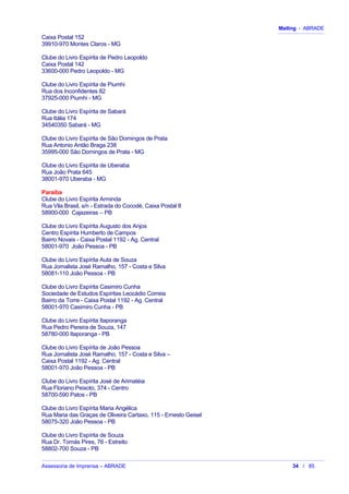 Mailing - ABRADE
Caixa Postal 152
39910-970 Montes Claros - MG
Clube do Livro Espírita de Pedro Leopoldo
Caixa Postal 142
33600-000 Pedro Leopoldo - MG
Clube do Livro Espírita de Piumhi
Rua dos Inconfidentes 82
37925-000 Piumhi - MG
Clube do Livro Espírita de Sabará
Rua Itália 174
34540350 Sabará - MG
Clube do Livro Espírita de São Domingos de Prata
Rua Antonio Antão Braga 238
35995-000 São Domingos de Prata - MG
Clube do Livro Espírita de Uberaba
Rua João Prata 645
38001-970 Uberaba - MG
Paraíba
Clube do Livro Espírita Arminda
Rua Vila Brasil, s/n - Estrada do Cocodé, Caixa Postal 8
58900-000 Cajazeiras – PB
Clube do Livro Espírita Augusto dos Anjos
Centro Espírita Humberto de Campos
Bairro Novais - Caixa Postal 1192 - Ag. Central
58001-970 João Pessoa - PB
Clube do Livro Espírita Auta de Souza
Rua Jornalista José Ramalho, 157 - Costa e Silva
58081-110 João Pessoa - PB
Clube do Livro Espírita Casimiro Cunha
Sociedade de Estudos Espíritas Leocádio Correia
Bairro da Torre - Caixa Postal 1192 - Ag. Central
58001-970 Casimiro Cunha - PB
Clube do Livro Espírita Itaporanga
Rua Pedro Pereira de Souza, 147
58780-000 Itaporanga - PB
Clube do Livro Espírita de João Pessoa
Rua Jornalista José Ramalho, 157 - Costa e Silva –
Caixa Postal 1192 - Ag. Central
58001-970 João Pessoa - PB
Clube do Livro Espírita José de Arimatéia
Rua Floriano Peixoto, 374 - Centro
58700-590 Patos - PB
Clube do Livro Espírita Maria Angélica
Rua Maria das Graças de Oliveira Cartaxo, 115 - Ernesto Geisel
58075-320 João Pessoa - PB
Clube do Livro Espírita de Souza
Rua Dr. Tomás Pires, 76 - Estreito
58802-700 Souza - PB
Assessoria de Imprensa – ABRADE 34 / 85
 