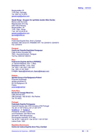 Mailing - ABRADE
Bergkrystallen 29
1155 Oslo - Noruega
Tel.: 0047 22 74 2979
geeaknorge@yahoo.com
Geeak Norge - Gruppen for spiritiske studier Allan Kardec
Mariza Leite Da Costa
Majorstuveien 26 2 etg.
0367 OSLO Norway
Bergkrystallen, 29
1155 - Oslo - Norge
T tel : 047 22 44 42 93
geeaknorge@yahoo.com
gonnet@online.ne
Panamá
Fraternidad Espirita Dios, Amor y Caridad
Apartado 1981-Zona 9 A -PANAMÁ -R.P. Tel: 224-8010 / 224-6010
Fax: 224-6010
Paraguai
Centro de Filosofia Espiritista Paraguayo
Calle Amânio Gonzales 265
7803 - Asunción/Central - Paraguai
Tel./Fax: 0059 521 900318
Peru
Federación Espírita del Perú (FEPERÚ)
Jr. Clement Markhan, 632 - 1 Altos
Magdalena del Mar - Lima - Perú
Tel.: 0051 1 461 2021 / 263 3201
Fax : 0051 21 241 3025
E-M@ils: feperu@hotmail.com, feperu@decajon.com
Polônia
Spiritist Group of de Bydgoszcz-Poland
Przemek Grzybowski
skrytka pocztowa 23
85-124 Bydgoszcz 39
Polska
przemek@mail.tl.pl
Porto Rico
Escola de Consejo Moral Inc.
Calle Asturias 979
Villa Granada - 592 00 923 - Rio Piedras
Tel: 751-4872
Portugal
Federação Espírita Portuguesa
Casal de Cascais, lote 4 R/C Amadora 2720 Portugal
Tel: 351 21 497 5754 ou 351 21 497 5777
fep@fep.pt or fep@ip.pt
Presidente: Arnaldo Costeira
Vice-Presidente: Vitor Mora Feria
Secretária: Alda Albuquerque
Rua Augusto machado, 23 4º esq.
Tel: 00 351 1 849 42 61 - Cel: 00 351 1 931 671591
Lisboa Code: 1900
República Dominicana
Centro de Cultura Espirita Amor Paz y Caridad
Assessoria de Imprensa – ABRADE 83 / 85
 