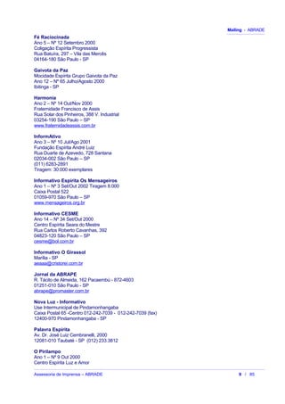 Mailing - ABRADE
Fé Raciocinada
Ano 5 – Nº 12 Setembro 2000
Coligação Espírita Progressista
Rua Batuíra, 297 – Vila das Mercês
04164-180 São Paulo - SP
Gaivota da Paz
Mocidade Espírita Grupo Gaivota da Paz
Ano 12 – Nº 65 Julho/Agosto 2000
Ibitinga - SP
Harmonia
Ano 2 – Nº 14 Out/Nov 2000
Fraternidade Francisco de Assis
Rua Solar dos Pinheiros, 388 V. Industrial
03254-190 São Paulo – SP
www.fraternidadeassis.com.br
InformAtivo
Ano 3 – Nº 10 Jul/Ago 2001
Fundação Espírita André Luiz
Rua Duarte de Azevedo, 728 Santana
02034-002 São Paulo – SP
(011) 6283-2891
Tiragem: 30.000 exemplares
Informativo Espírita Os Mensageiros
Ano 1 – Nº 3 Set/Out 2002 Tiragem 8.000
Caixa Postal 522
01059-970 São Paulo – SP
www.mensageiros.org.br
Informativo CESME
Ano 14 – Nº 34 Set/Out 2000
Centro Espírita Seara do Mestre
Rua Carlos Roberto Cavanhas, 392
04823-120 São Paulo – SP
cesme@bol.com.br
Informativo O Girassol
Marília - SP
aeaaa@cristorei.com.br
Jornal da ABRAPE
R. Tácito de Almeida, 162 Pacaembú - 872-4603
01251-010 São Paulo - SP
abrape@promaster.com.br
Nova Luz - Informativo
Use Intermunicipal de Pindamonhangaba
Caixa Postal 65 -Centro 012-242-7039 - 012-242-7039 (fax)
12400-970 Pindamonhangaba - SP
Palavra Espírita
Av. Dr. José Luiz Cembranelli, 2000
12081-010 Taubaté - SP (012) 233.3812
O Pirilampo
Ano 1 – Nº 9 Out 2000
Centro Espírita Luz e Amor
Assessoria de Imprensa – ABRADE 9 / 85
 