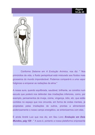 Página
14 de 35
Conforme Delanne em A Evolução Anímica, nos diz: " Nos
primórdios da vida, o fluido perispiritual está misturado aos fluidos mais
grosseiros do mundo imponderável. Podemos compará-lo a uma vapor
fuliginoso a empanar as radiações da alma."
A nossa aura, quando equilibrada, saudável, brilhante, se constitui num
escudo que poderá nos defender das irradiações inferiores, como, por
exemplo, pensamentos de inveja, ciúme, vingança, ódio, etc. que estão
contidos no espaço que nos circunda, em forma de ondas mentais, já
projetadas pelas irradiações de outros, prontas a alimentarem
poderosamente o nosso campo energético, se sintonizarmos com elas.
É ainda André Luiz que nos diz, em Seu Livro Evolução em Dois
Mundos, pág 129 - " A aura é, portanto a nossa plataforma onipresente
 