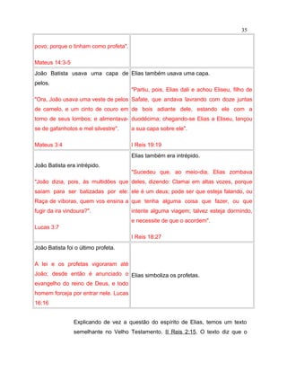 povo; porque o tinham como profeta".
Mateus 14:3-5
João Batista usava uma capa de
pelos.
"Ora, João usava uma veste de pelos
de camelo, e um cinto de couro em
torno de seus lombos; e alimentava-
se de gafanhotos e mel silvestre".
Mateus 3:4
Elias também usava uma capa.
"Partiu, pois, Elias dali e achou Eliseu, filho de
Safate, que andava lavrando com doze juntas
de bois adiante dele, estando ele com a
duodécima; chegando-se Elias a Eliseu, lançou
a sua capa sobre ele".
I Reis 19:19
João Batista era intrépido.
"João dizia, pois, às multidões que
saíam para ser batizadas por ele:
Raça de víboras, quem vos ensina a
fugir da ira vindoura?".
Lucas 3:7
Elias também era intrépido.
"Sucedeu que, ao meio-dia, Elias zombava
deles, dizendo: Clamai em altas vozes, porque
ele é um deus; pode ser que esteja falando, ou
que tenha alguma coisa que fazer, ou que
intente alguma viagem; talvez esteja dormindo,
e necessite de que o acordem".
I Reis 18:27
João Batista foi o último profeta.
A lei e os profetas vigoraram até
João; desde então é anunciado o
evangelho do reino de Deus, e todo
homem forceja por entrar nele. Lucas
16:16
Elias simboliza os profetas.
Explicando de vez a questão do espírito de Elias, temos um texto
semelhante no Velho Testamento. II Reis 2:15. O texto diz que o
35
 