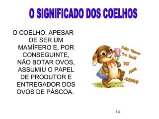 14
O COELHO, APESAR
DE SER UM
MAMÍFERO E, POR
CONSEGUINTE,
NÃO BOTAR OVOS,
ASSUMIU O PAPEL
DE PRODUTOR E
ENTREGADOR DOS
OVOS DE PÁSCOA.
 