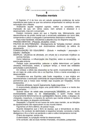 CASA DO DIVINO ESPIRITO SANTOS DAS ALMAS 
8 
Tomadas mentais 
O Capítulo nº 4 do livro ora em estudo apresenta problemas de suma 
importância para todos os que nos achamos empenhados no esforço de auto-renovação 
com o Mestre. 
Analisando aquele magistral capítulo, melhor se consolidou velha 
impressão de que, em vários casos, nem sempre o obsessor é o 
desencarnado, mas sim o encarnado. 
Existem inúmeros casos em que o Espírito luta, titânicamente, para 
desvencilhar-se da prisão mental que o encarnado estabelece em torno dele, 
conservando-o cativo e subjugado a pensamentos dolorosos e enfermiços. 
Para maior facilidade, estudemos o assunto à luz do diagrama seguinte: 
PRISÕES MENTAIS - {Pessoas, situações, coisas. 
FRUTOS DA DOUTRINAÇÃO - {Desligamento de “tomadas mentais”, através 
dos princípios libertadores que doutrinadores distribuem da esfera do 
pensamento. 
CONSOLIDAÇÃO DO EQUILÍBRIO - {Estudo + meditação - renovação + 
trabalho - libertação. 
DESPEJO - {Ausência de afinidade, em virtude de o encarnado modificar os 
centros mentais. 
Como sabemos, a influenciação dos Espíritos, sobre os encarnados, se 
exerce pela sintonia. 
Pessoa cujos pensamentos, palavras e ações determinam um padrão 
vibratório inferiorizado, estará, a qualquer tempo, a mercê das entidades 
perturbadas e perturbadoras. 
Em síntese: o efeito das obsessões se faz sentir, invariavelmente, através 
de um traço de união entre nós e os Espíritos. Entre a mente encarnada e a 
desencarnada. 
Vinculamo-nos aos Espíritos pela fusão magnética, o que implica em 
reconhecermos o acentuado coeficiente de responsabilidade que nos cabe, por 
permitirmos que a nossa casa mental» seja ocupada por hóspedes, menos 
esclarecidos. 
Existindo afinidade, haverá, logicamente, fusão magnética. 
A reciprocidade vibratória ergue uma ponte entre a nossa e a mente dos 
desencarnados. 
Quando deixar de existir esta compensação vibratória», em virtude do 
esclarecimento nosso ou do desencarnado, a quem muitas vezes 
impropriamente denominamos de «perseguidor», haverá, então, o despejo» do 
«hóspede» inoportuno, à maneira do senhorio que manda embora o inquilino 
que lhe não pagou os aluguéis combinados. 
Despejado, o Espírito irá em busca de outra casa mental», se as bênçãos 
do esclarecimento não repercutirem no seu mundo interior. 
Figuremos um ferro elétrico, de passar roupa. 
Quando desejamos que o ferro se aqueça, que a temperatura se eleve, 
ligamos o fio condutor de eletricidade à respectiva tomada; concluida a tarefa, 
desligamos o fio e o ferro vai perdendo o calor e volta à temperatura normal. 
O ferro de engomar, somos nós. 
A eletricidade, é a projeção mental do desencarnado. 
O fio condutor, são as duas mentes irmanadas, vinculadas, justapostas. 
25 
 