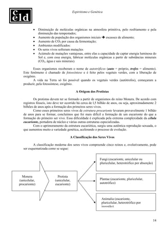 Espiritismo e Genética




          •    Diminuição de moléculas orgânicas na atmosfera primitiva, pelo resfriamento e pela
               diminuição das tempestades;
          •    Aumento da população dos organismos iniciais     escassez de alimento;
          •    Aumento de CO2 por causa da fermentação;
          •    Ambientes modificados:
          •    Os seres vivos sofreram mutações
          •    Acúmulo de mutações vantajosas, entre elas a capacidade de captar energia luminosa do
               Sol e, com essa energia, fabricar moléculas orgânicas a partir de substâncias minerais
               (CO2, água e sais minerais).

          Esses organismos receberam o nome de autotróficos (auto = próprio, trofos = alimento).
   Este fenômeno é chamado de fotossíntese e é feito pelos vegetais verdes, com a liberação de
   oxigênio.
          A vida na Terra só foi possível quando os vegetais verdes (autótrofos), começaram a
   produzir, pela fotossíntese, oxigênio.

                                            A Origem dos Protistas

           Os protistas devem ter se formado a partir de organismos do reino Monera. De acordo com
   registros fósseis, isto deve ter ocorrido há cerca de l,5 bilhão de anos, ou seja, aproximadamente 2
   bilhões de anos após a formação dos primeiros seres vivos.
           Como esses primeiros seres vivos de estrutura procarionte levaram provavelmente 1 bilhão
   de anos para se formar, concluímos que foi mais difícil a formação de um eucarionte do que a
   formação do primeiro ser vivo. Essa dificuldade é explicada pela extrema complexidade da célula
   eucarionte, portadora de núcleo e várias outras estruturas especializadas.
           Com o aprimoramento da estrutura eucariótica, surgiu uma autêntica reprodução sexuada, o
   que aumentou muito a variedade genética, acelerando o processo de evolução.

                                      A Classificação dos Seres Vivos

          A classificação moderna dos seres vivos compreende cinco reinos e, evolutivamente, pode
   ser esquematizada como se segue:


                                                              Fungi (eucarionte, unicelular ou
                                                              pluricelular, heterotrófico por absorção)



  Monera                     Protista
(unicelular,               (unicelular,                       Plantae (eucarionte, pluricelular,
procarionte)               eucarionte)                        autotrófico)



                                                               Animalia (eucarionte,
                                                               pluricelular, heterotrófico por
                                                               ingestão)



                                                                                                          14
 
