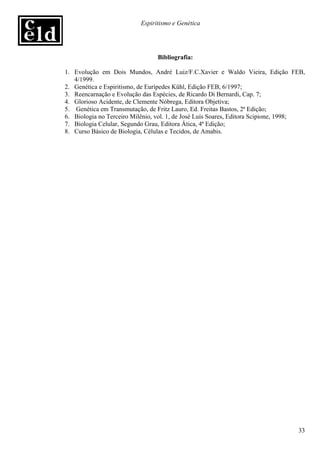 Espiritismo e Genética




                                Bibliografia:

1. Evolução em Dois Mundos, André Luiz/F.C.Xavier e Waldo Vieira, Edição FEB,
   4/1999.
2. Genética e Espiritismo, de Eurípedes Kühl, Edição FEB, 6/1997;
3. Reencarnação e Evolução das Espécies, de Ricardo Di Bernardi, Cap. 7;
4. Glorioso Acidente, de Clemente Nóbrega, Editora Objetiva;
5. Genética em Transmutação, de Fritz Lauro, Ed. Freitas Bastos, 2ª Edição;
6. Biologia no Terceiro Milênio, vol. 1, de José Luís Soares, Editora Scipione, 1998;
7. Biologia Celular, Segundo Grau, Editora Ática, 4ª Edição;
8. Curso Básico de Biologia, Células e Tecidos, de Amabis.




                                                                                  33
 