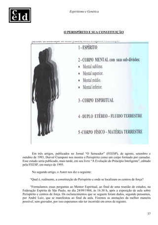 Espiritismo e Genética




                                O PERISPÍRITO E SUA CONSTITUIÇÃO




       Em três artigos, publicados no Jornal “O Semeador” (FEESP), de agosto, setembro e
outubro de 1993, Durval Ciamponi nos mostra o Perispírito como um corpo formado por camadas.
Esse estudo seria publicado, mais tarde, em seu livro “A Evolução do Princípio Inteligente”, editado
pela FEESP, em março de 1995.

       No segundo artigo, o Autor nos diz o seguinte:

     “Qual é, realmente, a constituição do Perispírito e onde se localizam os centros de força?

      “Formulamos essas perguntas ao Mentor Espiritual, ao final de uma reunião de estudos, na
Federação Espírita de São Paulo, no dia 24/09/1984, às 16:30 h, após a exposição de aula sobre
Perispírito e centros de força. Os esclarecimentos que se seguem foram dados, segundo pensamos,
por André Luiz, que se manifestou ao final da aula. Fizemos as anotações da melhor maneira
possível, sem gravador, por isso esperamos não ter incorrido em erros de registro.


                                                                                                  37
 