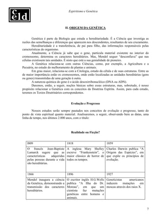 Espiritismo e Genética




                                  II. ORIGEM DA GENÉTICA


        Genética é parte da Biologia que estuda a hereditariedade. É a Ciência que investiga as
razões das semelhanças e diferenças que aparecem nos descendentes, resultantes de seu cruzamento.
        Hereditariedade é a transferência, de pai para filho, das informações responsáveis pelas
características do organismo.
        Atualmente, a Ciência já sabe que o gene, partícula material existente no interior do
cromossomo, determina os caracteres hereditários. Mas, Mendel sequer “desconfiava” que nas
células existissem tais unidades. É nisto que está a sua genialidade de pioneiro.
        A Genética relaciona-se com outras Ciências, como, por exemplo, a Agricultura e a
Pecuária, no estudo do melhoramento de plantas e animais.
        Em grau maior, relaciona-se com a Citologia, estudo da célula e de suas estruturas. Entre as
de maior importância estão os cromossomos, onde estão localizadas as unidades hereditárias (gens
ou genes) transmitidas de uma geração à outra.
        A natureza química do gene é o ácido desoxirribonucléico (DNA ou ADN).
        Daremos, então, a seguir, noções básicas sobre essas estruturas, mas, sobretudo, é nosso
propósito relacionar a Genética com os conceitos da Doutrina Espírita. Assim, para cada estudo,
teremos os Textos Doutrinários correspondentes.


                                      Evolução e Progresso

       Nossos estudos serão sempre pautados nos conceitos de evolução e progresso, tanto do
ponto de vista espiritual quanto material. Analisaremos, a seguir, observando bem as datas, uma
linha de tempo, nos últimos 2.000 anos, com o título:



                                      Realidade ou Ficção?


   l809                            1818                           1859
   O francês Jean-Baptiste         A inglesa Mary Shelley         Charles Darwin publica “A
   Lamarck sugere que as           escreve “Frankenstein”, o      Origem das Espécies”, em
   características   adquiridas    maior clássico de horror de    que expõe os princípios de
   pelas pessoas durante a vida    todos os tempos.               evolução.
   são hereditárias.


   1866                            1896                           1927
   Mendel inaugura a ciência       O escritor inglês H.G.Wells Geneticistas     americanos
   da Genética, demonstrando a     publica “A Ilha do Dr. induzem           mutações   em
   transmissão dos caracteres      Moreau”, em que um moscas através dos raios X.
   hereditários.                   cientista   faz    mutações
                                   genéticas entre homens e
                                   animais.


                                                                                                  7
 