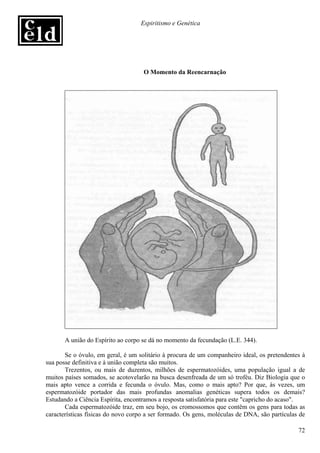 Espiritismo e Genética




                                    O Momento da Reencarnação




       A união do Espírito ao corpo se dá no momento da fecundação (L.E. 344).

       Se o óvulo, em geral, é um solitário à procura de um companheiro ideal, os pretendentes à
sua posse definitiva e à união completa são muitos.
       Trezentos, ou mais de duzentos, milhões de espermatozóides, uma população igual a de
muitos países somados, se acotovelarão na busca desenfreada de um só troféu. Diz Biologia que o
mais apto vence a corrida e fecunda o óvulo. Mas, como o mais apto? Por que, às vezes, um
espermatozóide portador das mais profundas anomalias genéticas supera todos os demais?
Estudando a Ciência Espírita, encontramos a resposta satisfatória para este "capricho do acaso".
       Cada espermatozóide traz, em seu bojo, os cromossomos que contêm os gens para todas as
características físicas do novo corpo a ser formado. Os gens, moléculas de DNA, são partículas de

                                                                                              72
 