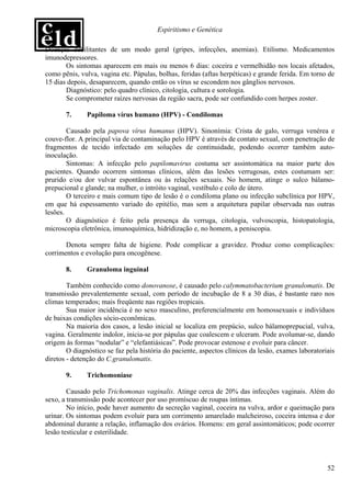 Espiritismo e Genética

Doenças debilitantes de um modo geral (gripes, infecções, anemias). Etilismo. Medicamentos
imunodepressores.
       Os sintomas aparecem em mais ou menos 6 dias: coceira e vermelhidão nos locais afetados,
como pênis, vulva, vagina etc. Pápulas, bolhas, feridas (aftas herpéticas) e grande ferida. Em torno de
15 dias depois, desaparecem, quando então os vírus se escondem nos gânglios nervosos.
       Diagnóstico: pelo quadro clínico, citologia, cultura e sorologia.
       Se comprometer raízes nervosas da região sacra, pode ser confundido com herpes zoster.

       7.      Papiloma vírus humano (HPV) - Condilomas

        Causado pela papova vírus humanus (HPV). Sinonímia: Crista de galo, verruga venérea e
couve-flor. A principal via de contaminação pelo HPV é através de contato sexual, com penetração de
fragmentos de tecido infectado em soluções de continuidade, podendo ocorrer também auto-
inoculação.
        Sintomas: A infecção pelo papilomavirus costuma ser assintomática na maior parte dos
pacientes. Quando ocorrem sintomas clínicos, além das lesões verrugosas, estes costumam ser:
prurido e/ou dor vulvar espontânea ou às relações sexuais. No homem, atinge o sulco bálamo-
prepucional e glande; na mulher, o intróito vaginal, vestíbulo e colo de útero.
        O terceiro e mais comum tipo de lesão é o condiloma plano ou infecção subclínica por HPV,
em que há espessamento variado do epitélio, mas sem a arquitetura papilar observada nas outras
lesões.
        O diagnóstico é feito pela presença da verruga, citologia, vulvoscopia, histopatologia,
microscopia eletrônica, imunoquímica, hidridização e, no homem, a peniscopia.

       Denota sempre falta de higiene. Pode complicar a gravidez. Produz como complicações:
corrimentos e evolução para oncogênese.

       8.      Granuloma inguinal

        Também conhecido como donovanose, é causado pelo calymmatobacterium granulomatis. De
transmissão prevalentemente sexual, com período de incubação de 8 a 30 dias, é bastante raro nos
climas temperados; mais freqüente nas regiões tropicais.
        Sua maior incidência é no sexo masculino, preferencialmente em homossexuais e indivíduos
de baixas condições sócio-econômicas.
        Na maioria dos casos, a lesão inicial se localiza em prepúcio, sulco bálamoprepucial, vulva,
vagina. Geralmente indolor, inicia-se por pápulas que coalescem e ulceram. Pode avolumar-se, dando
origem às formas “nodular” e “elefantiásicas”. Pode provocar estenose e evoluir para câncer.
        O diagnóstico se faz pela história do paciente, aspectos clínicos da lesão, exames laboratoriais
diretos - detenção do C.granulomatis.

       9.      Trichomoníase

        Causado pelo Trichomonas vaginalis. Atinge cerca de 20% das infecções vaginais. Além do
sexo, a transmissão pode acontecer por uso promíscuo de roupas íntimas.
        No início, pode haver aumento da secreção vaginal, coceira na vulva, ardor e queimação para
urinar. Os sintomas podem evoluir para um corrimento amarelado malcheiroso, coceira intensa e dor
abdominal durante a relação, inflamação dos ovários. Homens: em geral assintomáticos; pode ocorrer
lesão testicular e esterilidade.




                                                                                                     52
 