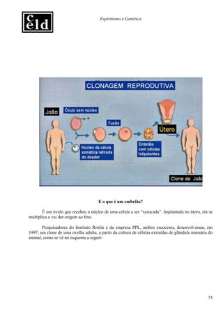 Espiritismo e Genética




                                     E o que é um embrião?

       É um óvulo que recebeu o núcleo de uma célula a ser “xerocada”. Implantada no útero, ela se
multiplica e vai dar origem ao feto.

       Pesquisadores do Instituto Roslin e da empresa PPL, ambos escoceses, desenvolveram, em
1997, um clone de uma ovelha adulta, a partir da cultura de células extraídas de glândula mamária do
animal, como se vê no esquema a seguir:




                                                                                                 73
 