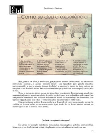 Espiritismo e Genética




       Hoje, para se ter filhos, é preciso que, por processos naturais (união sexual) ou laboratoriais
(reprodução assistida), o gameta feminino (óvulo) seja fecundado pelo gameta masculino
(espermatozóide) e que o produto formado (embrião) se desenvolva dentro de útero materno até
completar o seu desenvolvimento. Daí nasce uma criança que possui características genéticas do pai e
da mãe.
       O que se espera, em alguns anos, é que possa haver o nascimento de uma criança, usando-se o
processo de clonagem, a partir de células da mulher ou do homem, sem ter havido a união sexual. Isto
será possível retirando-se uma só célula do corpo (da mulher ou do homem) e em laboratório, com
técnicas especializadas, essa célula se torne uma célula indiferenciada ou embrionária.
       Esta será colocada no útero de uma mulher e se desenvolverá como numa gravidez normal. Se
a célula era de uma mulher, teremos uma menina igual à mãe. Se era de um homem, teremos um
menino igual ao pai (o dono da célula doada).




                                    Quais as vantagens da clonagem?

       São várias: por exemplo, na indústria farmacêutica, na produção de globulina anti-hemofílica.
Neste caso, o gen de globulina é isolado e implantado em um animal (que se transforma num
                                                                                                   74
 