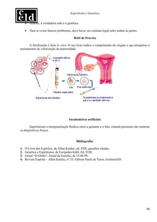 Espiritismo e Genética


     •   Pela lei, a verdadeira mãe é a genética.

     •   Para se evitar futuros problemas, deve haver um contrato legal entre ambas as partes.

                                            Bebê de Proveta

       A fertilização é feita in vitro. O seu êxito indica o cumprimento do resgate e que prosperou o
ensinamento de valorização da maternidade.




                                         Incubadeiras artificiais

       Suprimiriam a interpenetração fluídica entre a gestante e o feto, estando presentes tão somente
os dispositivos físicos.


                                              Bibliografia:

1.   O Livro dos Espíritos, de Allan Kardec, ed. FEB, questões citadas;
2.   Genética e Espiritismo, de Eurípedes Kühl, Ed. FEB;
3.   Jornal “O Globo”, Jornal da Família, de 15.08.99;
4.   Revista Espírita – Allan Kardec, nº 35, Editora Paulo de Tarso, Goiânia/GO.




                                                                                                   94
 