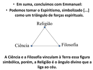 • Em suma, concluímos com Emmanuel:
• Podemos tomar o Espiritismo, simbolizado [...]
como um triângulo de forças espirituais.
A Ciência e a Filosofia vinculam à Terra essa figura
simbólica, porém, a Religião é o ângulo divino que a
liga ao céu.
 