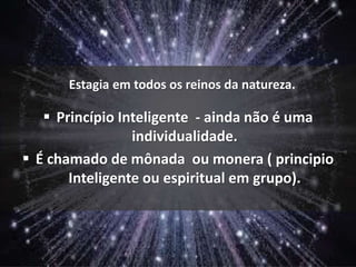 Estagia em todos os reinos da natureza.
 Princípio Inteligente - ainda não é uma
individualidade.
 É chamado de mônada ou monera ( principio
Inteligente ou espiritual em grupo).
 