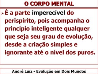 É a parte imperecível do
perispírito, pois acompanha o
princípio inteligente qualquer
que seja seu grau de evolução,
desde a criação simples e
ignorante até o nível dos puros.
O CORPO MENTAL
André Luiz - Evolução em Dois Mundos
 