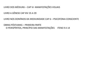 LIVRO DOS MÉDIUNS – CAP VI- MANIFESTAÇÕES VISUAIS
LIVRO A GÊNESE CAP XIV 35 A 39
LIVRO NOS DOMÍNIOS DA MEDIUNIDADE CAP 6 – PSICOFONIA CONSCIENTE
OBRAS PÓSTUMAS – PRIMEIRA PARTE
O PERISPÍRITOS, PRINCÍPIO DAS MANIFESTAÇÕES ITENS 9 A 14
 