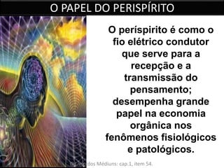 O PAPEL DO PERISPÍRITO 
O períspirito é como o 
fio elétrico condutor 
que serve para a 
recepção e a 
transmissão do 
pensamento; 
desempenha grande 
papel na economia 
orgânica nos 
fenômenos fisiológicos 
e patológicos. 
O Livro dos Médiuns: cap.1, item 54. 
 