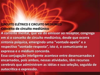 CIRCUITO ELÉTRICO E CIRCUITO MEDIÚNICO 
Conceito de circuito mediúnico 
A corrente mental, que vai do emissor ao receptor, congrega 
em si o conceito de circuito mediúnico, desde que ocorra 
sintonia psíquica, emergindo uma “vontade-apelo” e a 
respectiva “vontade-resposta”, isto é, o comunicante se 
expressa e o médium concorda. 
Essa conjugação inteligente acontece entre desencarnados e 
encarnados, pois ambos, nessas atividades, têm recursos 
cerebrais que administram as idéias e sua seleção, seguida de 
autocrítica e expressão. 
 