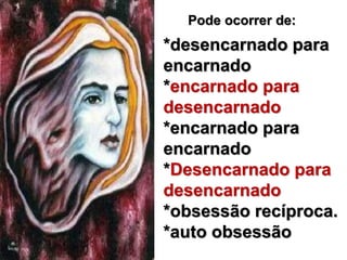 Pode ocorrer de: 
*desencarnado para 
encarnado 
*encarnado para 
desencarnado 
*encarnado para 
encarnado 
*Desencarnado para 
desencarnado 
*obsessão recíproca. 
*auto obsessão 
 