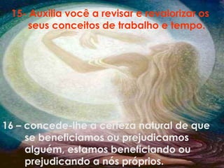 15- Auxilia você a revisar e revalorizar os
seus conceitos de trabalho e tempo.
16 – concede-lhe a certeza natural de que
se beneficiamos ou prejudicamos
alguém, estamos beneficiando ou
prejudicando a nós próprios.
 