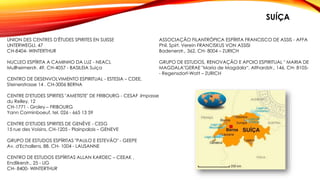 UNION DES CENTRES D'ÊTUDES SPIRITES EN SUISSE
UNTERWEGLI, 47
CH-8404- WINTERTHUR
NUCLEO ESPÍRITA A CAMINHO DA LUZ - NEACL
Mullheimerstr. 49, CH-4057 - BASILEIA Suiça
CENTRO DE DESENVOLVIMENTO ESPIRITUAL - ESTESIA – CDEE,
Steinerstrasse 14 . CH-3006 BERNA
CENTRE D'ETUDES SPIRITES "AMETISTE" DE FRIBOURG - CESAF .Impasse
du Relley, 12
CH-1771 - Groley – FRIBOURG
Yann Corminboeuf, tel. 026 - 665 13 59
CENTRE D'ETUDES SPIRITES DE GENÈVE - CESG
15 rue des Voisins, CH-1205 - Plainpalais – GENEVE
GRUPO DE ESTUDOS ESPÍRITAS "PAULO E ESTEVÃO" - GEEPE
Av. d'Echallens, 88. CH- 1004 - LAUSANNE
CENTRO DE ESTUDOS ESPÍRITAS ALLAN KARDEC – CEEAK ,
Endlikerstr., 25 - UG
CH- 8400- WINTERTHUR
ASSOCIAÇÃO FILANTRÓPICA ESPÍRITA FRANCISCO DE ASSIS - AFFA
Phil. Spirt. Verein FRANCISKUS VON ASSISI
Badenerstr., 362, CH- 8004 – ZURICH
GRUPO DE ESTUDOS, RENOVAÇÃO E APOIO ESPIRITUAL " MARIA DE
MAGDALA"GERAE "Maria de Magdala“, Althardstr., 146, CH- 8105-
- Regensdorf-Watt – ZURICH
SUÍÇA
 